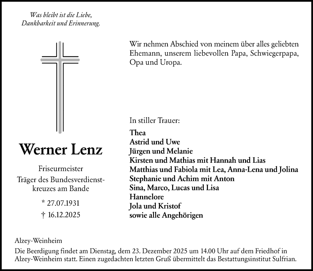  Traueranzeige für Werner Lenz vom 20.12.2025 aus Allgemeine Zeitung Alzey