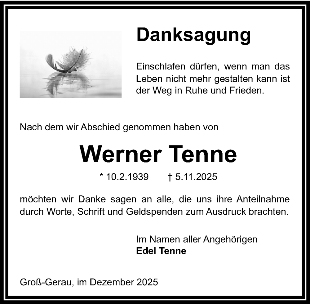 Traueranzeige für Werner Tenne vom 27.12.2025 aus Groß-Gerauer Echo