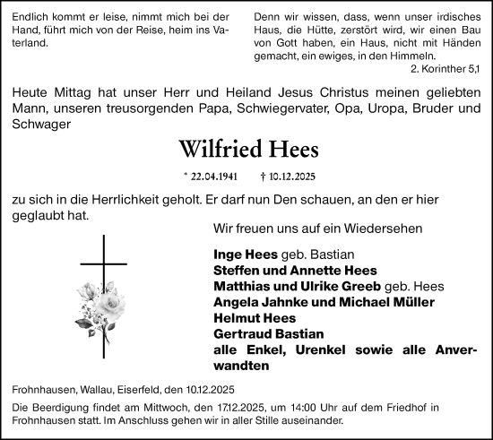 Traueranzeige von Wilfried Hees von Dill Block