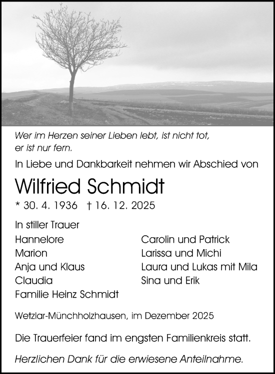 Traueranzeige von Wilfried Schmidt von Wetzlarer Neue Zeitung