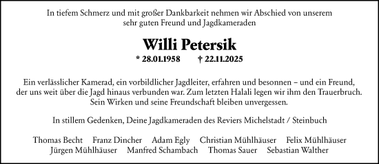 Traueranzeige von Willi Petersik von Odenwälder Echo