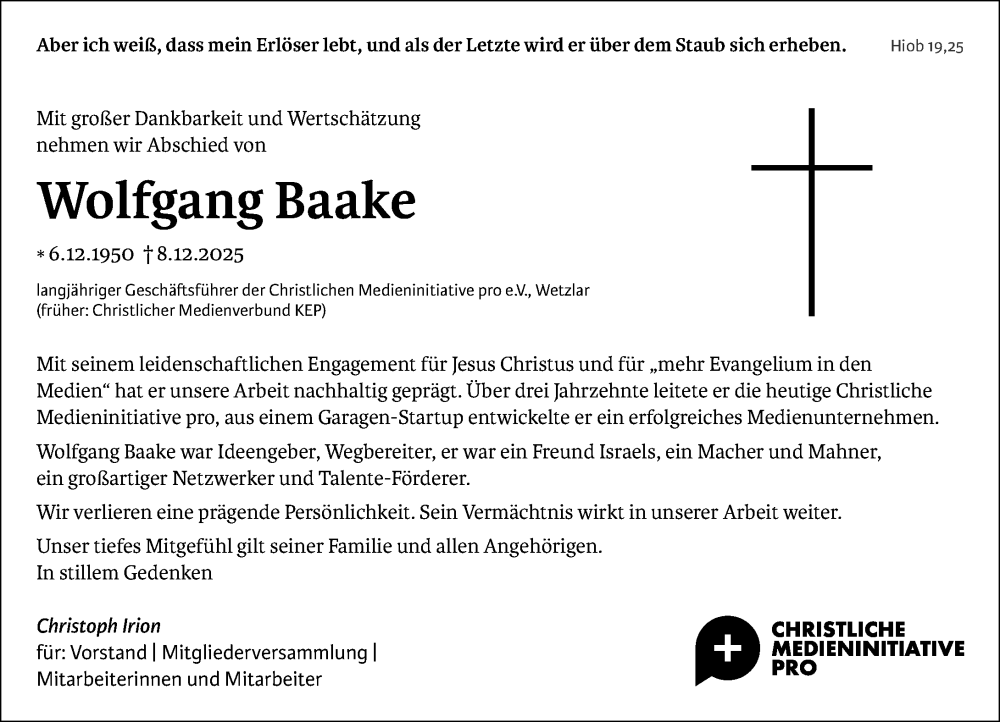  Traueranzeige für Wolfgang Baake vom 13.12.2025 aus Wetzlarer Neue Zeitung