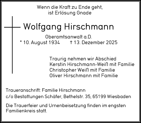 Traueranzeige von Wolfgang Hirschmann von Wiesbadener Kurier