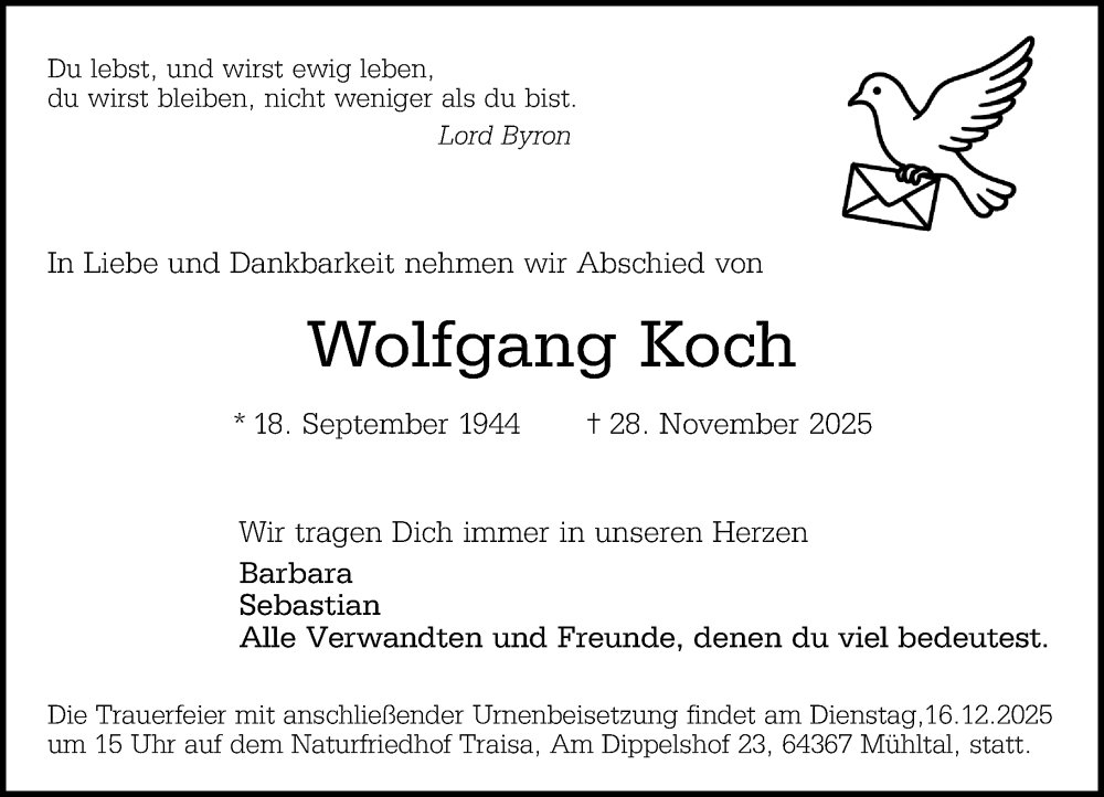  Traueranzeige für Wolfgang Koch vom 06.12.2025 aus Darmstädter Echo
