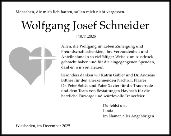 Traueranzeige von Wolfgang Josef Schneider von Wiesbadener Kurier