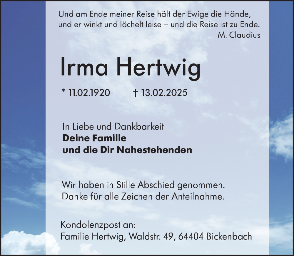  Traueranzeige für Irma Hertwig vom 19.02.2025 aus Darmstädter Echo