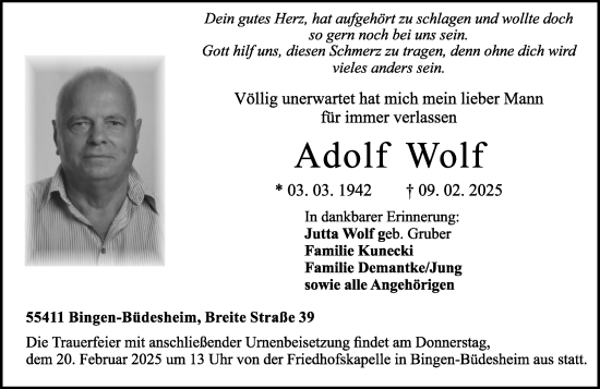 Traueranzeige von Adolf Wolf von Binger-/Ingelheimer Wochenblatt