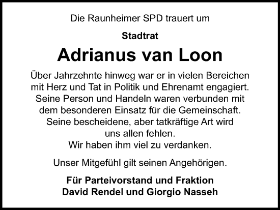 Traueranzeige von Adrianus van Loon von Rüsselsheimer Echo