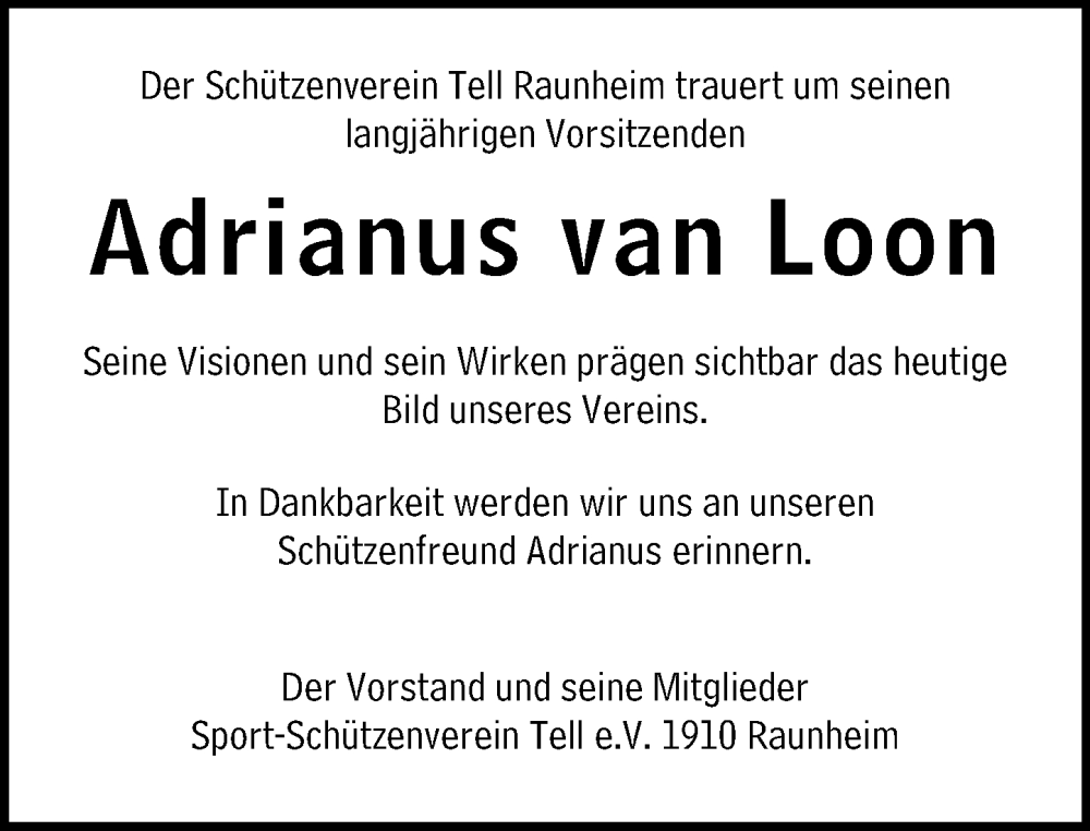  Traueranzeige für Adrianus van Loon vom 01.02.2025 aus Mainspitze Wochenblatt