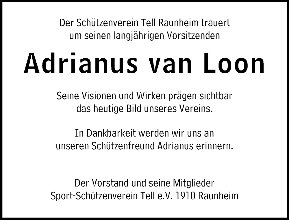  Traueranzeige für Adrianus van Loon vom 08.02.2025 aus Rüsselsheimer Echo