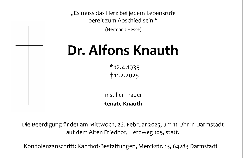  Traueranzeige für Alfons Knauth vom 22.02.2025 aus Darmstädter Echo