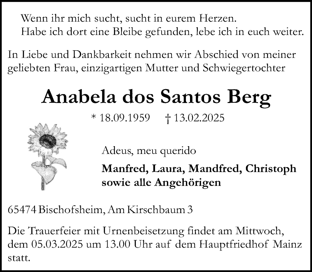  Traueranzeige für Anabela dos Santos Berg vom 22.02.2025 aus Allgemeine Zeitung Mainz
