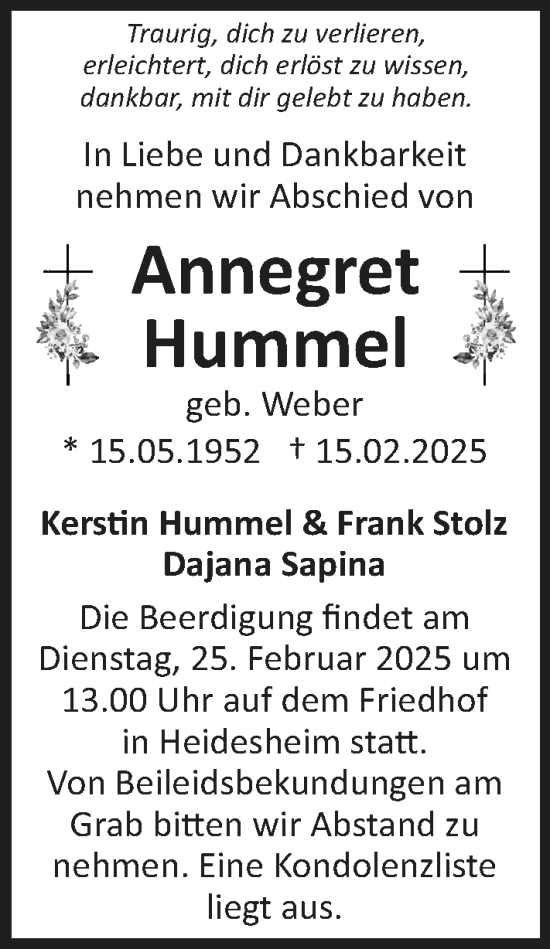 Traueranzeige von Annegret Hummel von Allgemeine Zeitung Rheinhessen-Nahe