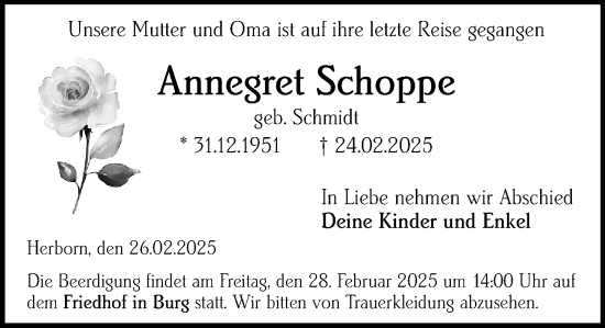 Traueranzeige von Annegret Schoppe von Dill Block