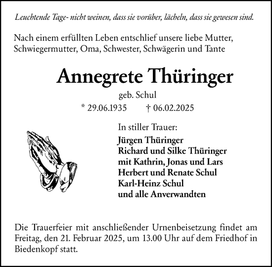 Traueranzeige von Annegrete Thüringer von Hinterländer Anzeiger