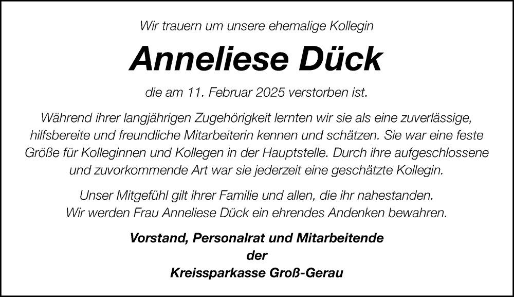  Traueranzeige für Anneliese Dück vom 22.02.2025 aus Groß-Gerauer Echo