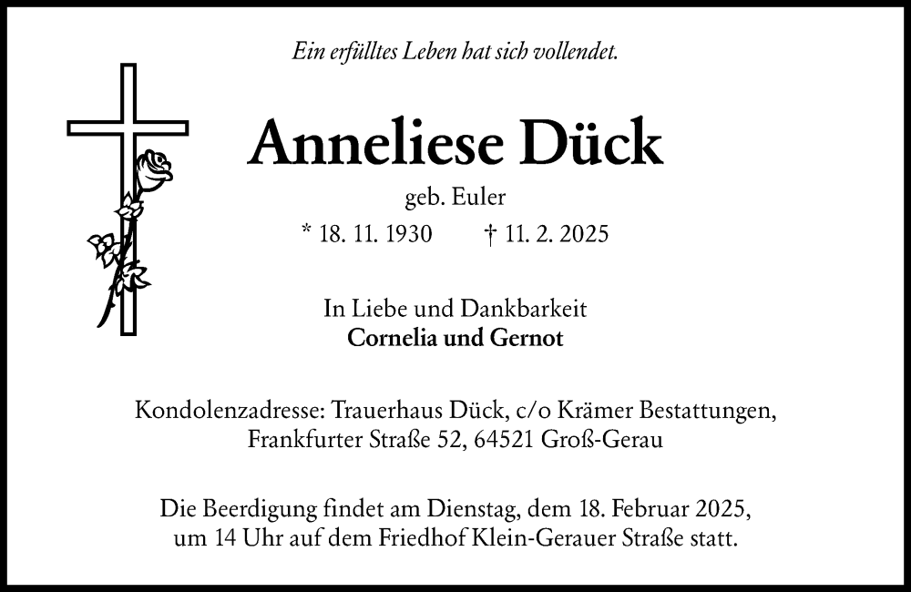  Traueranzeige für Anneliese Dück vom 15.02.2025 aus Groß-Gerauer Echo