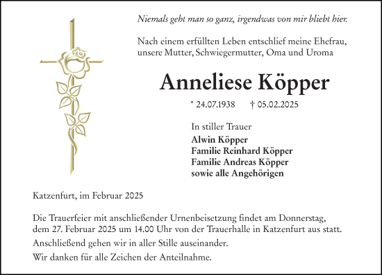 Traueranzeige von Anneliese Köpper von Wetzlarer Neue Zeitung