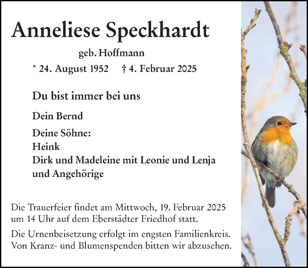  Traueranzeige für Anneliese Speckhardt vom 15.02.2025 aus Darmstädter Echo