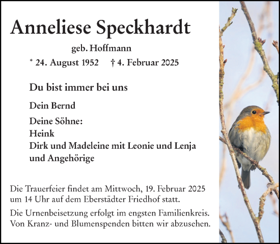 Traueranzeige von Anneliese Speckhardt von Darmstädter Echo