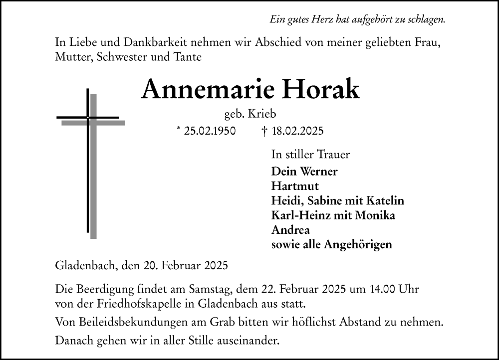  Traueranzeige für Annemarie Horak vom 20.02.2025 aus Hinterländer Anzeiger