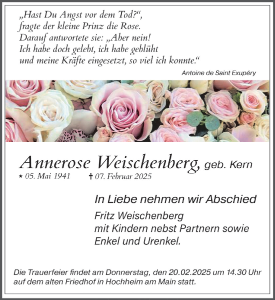 Traueranzeige von Annerose Weischenberg von Hochheimer Zeitung