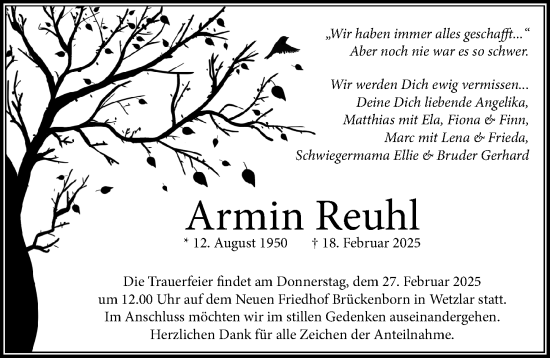 Traueranzeige von Armin Reuhl von Wetzlarer Neue Zeitung