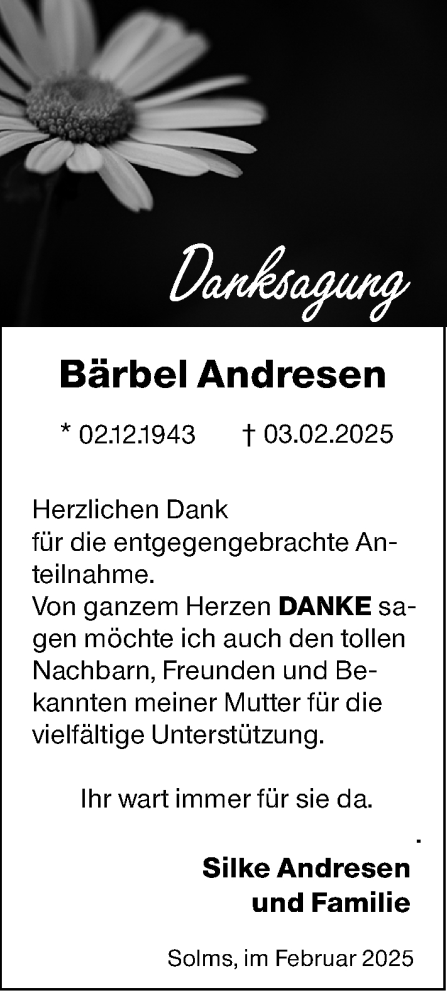  Traueranzeige für Bärbel Andresen vom 14.02.2025 aus Wetzlarer Neue Zeitung