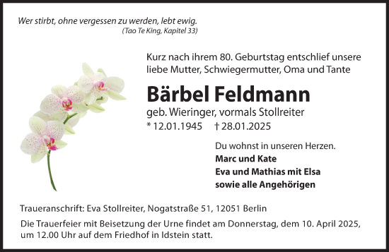 Traueranzeige von Bärbel Feldmann von Idsteiner Land/Untertaunus
