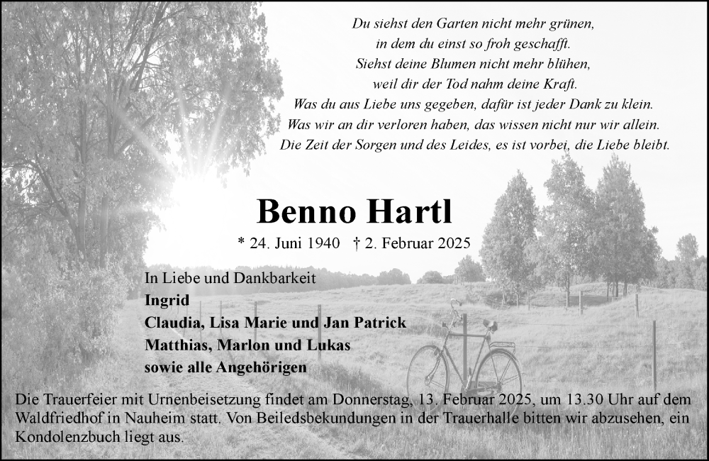  Traueranzeige für Benno Hartl vom 08.02.2025 aus Rüsselsheimer Echo