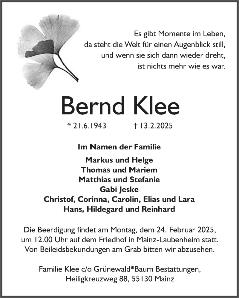  Traueranzeige für Bernd Klee vom 22.02.2025 aus Allgemeine Zeitung Mainz