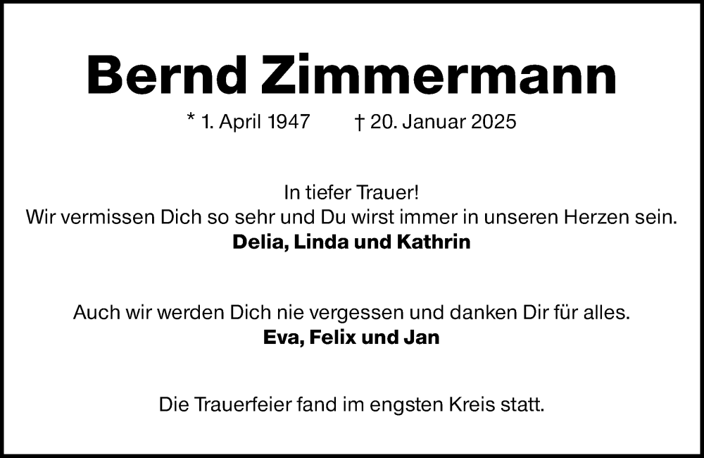  Traueranzeige für Bernd Zimmermann vom 01.02.2025 aus Wiesbadener Kurier