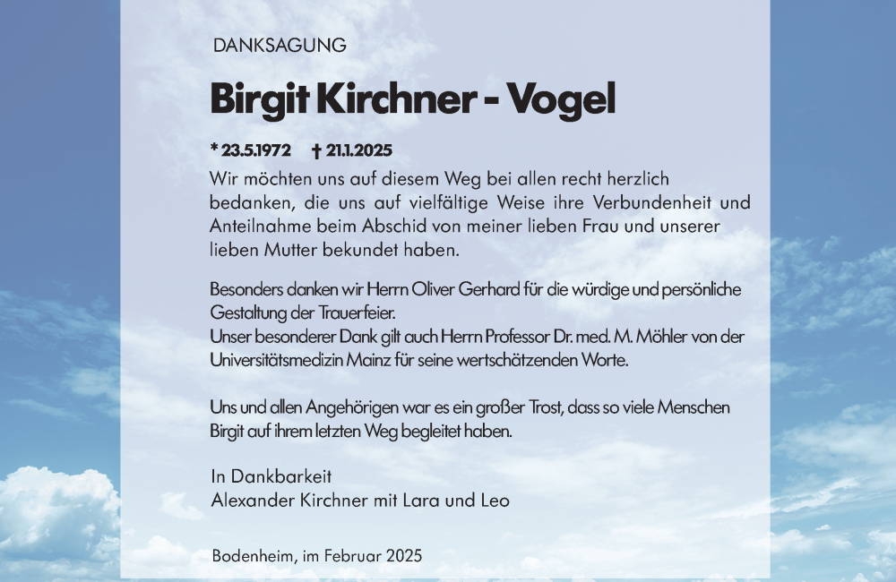  Traueranzeige für Birgit Kirchner-Vogel vom 22.02.2025 aus Allgemeine Zeitung Mainz