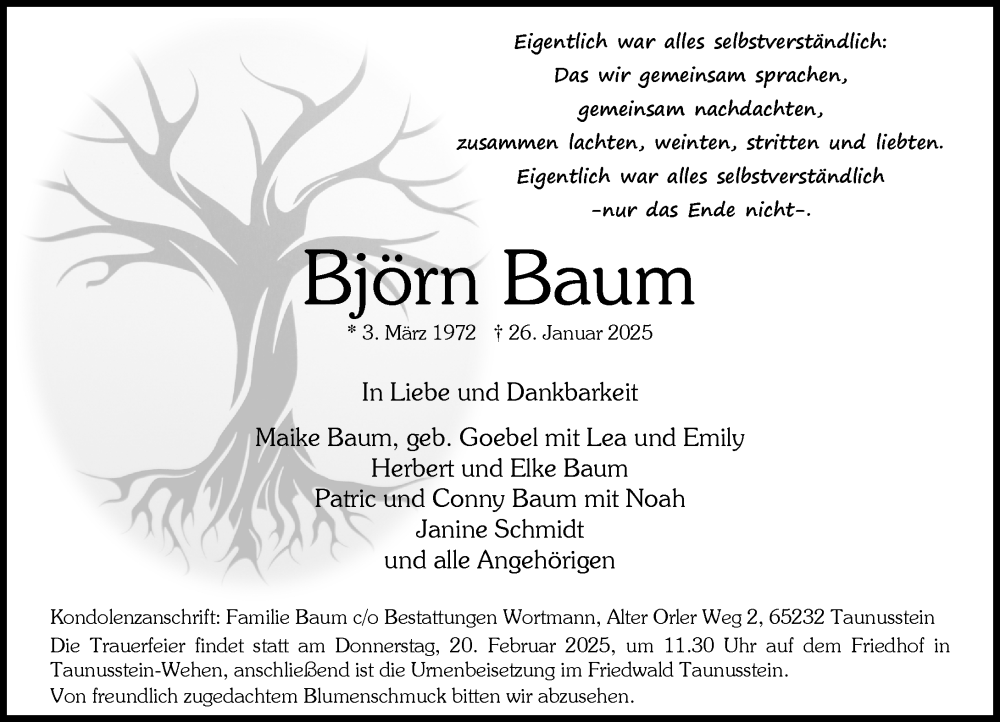  Traueranzeige für Björn Baum vom 01.02.2025 aus Wiesbadener Kurier