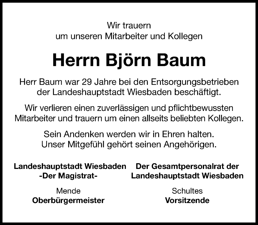  Traueranzeige für Björn Baum vom 01.02.2025 aus Wiesbadener Kurier