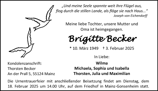 Traueranzeige von Brigitte Becker von Allgemeine Zeitung Mainz
