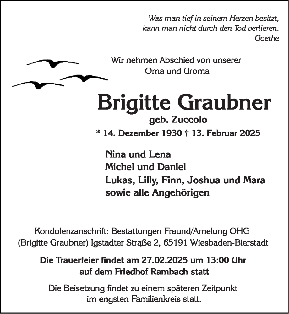  Traueranzeige für Brigitte Graubner vom 22.02.2025 aus Wiesbadener Kurier
