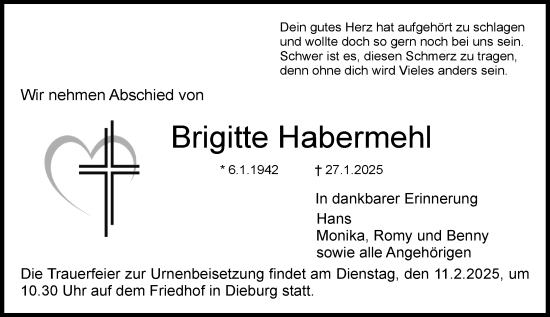 Traueranzeige von Brigitte Habermehl von Dieburger Anzeiger/Groß-Zimmerner Lokal-Anzeiger