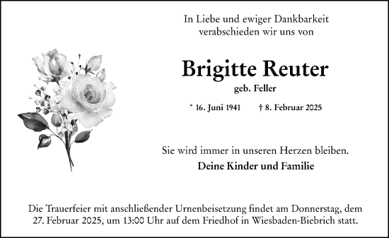 Traueranzeige von Brigitte Reuter von Wiesbadener Kurier