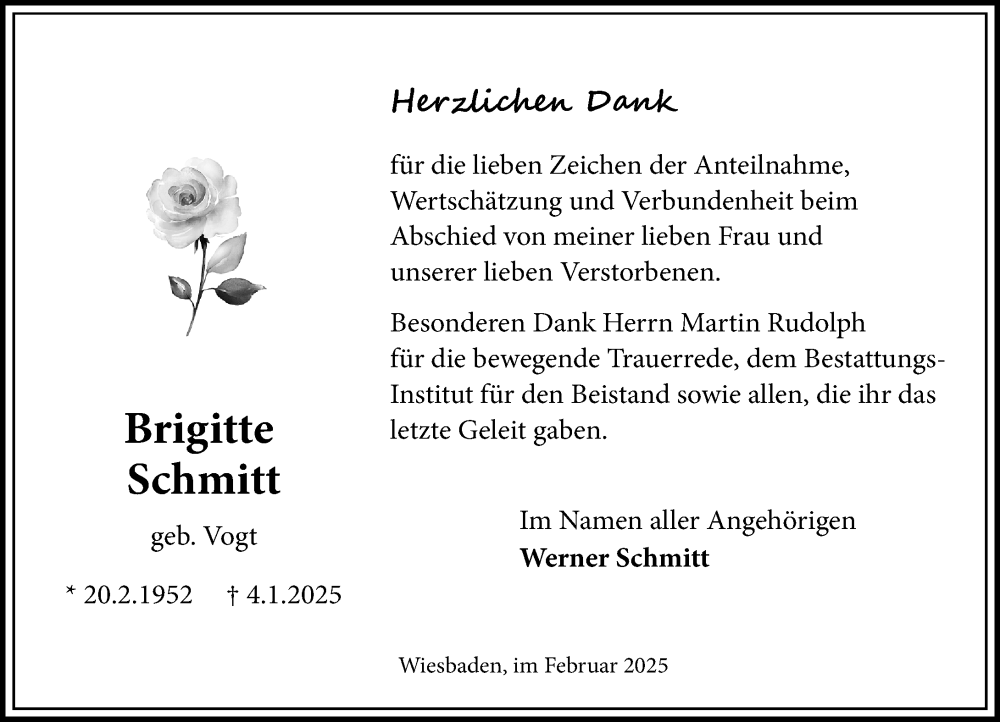 Traueranzeige für Brigitte Schmitt vom 01.02.2025 aus Wiesbadener Kurier