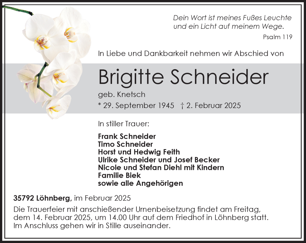 Traueranzeige für Brigitte Schneider vom 08.02.2025 aus Weilburger Tageblatt