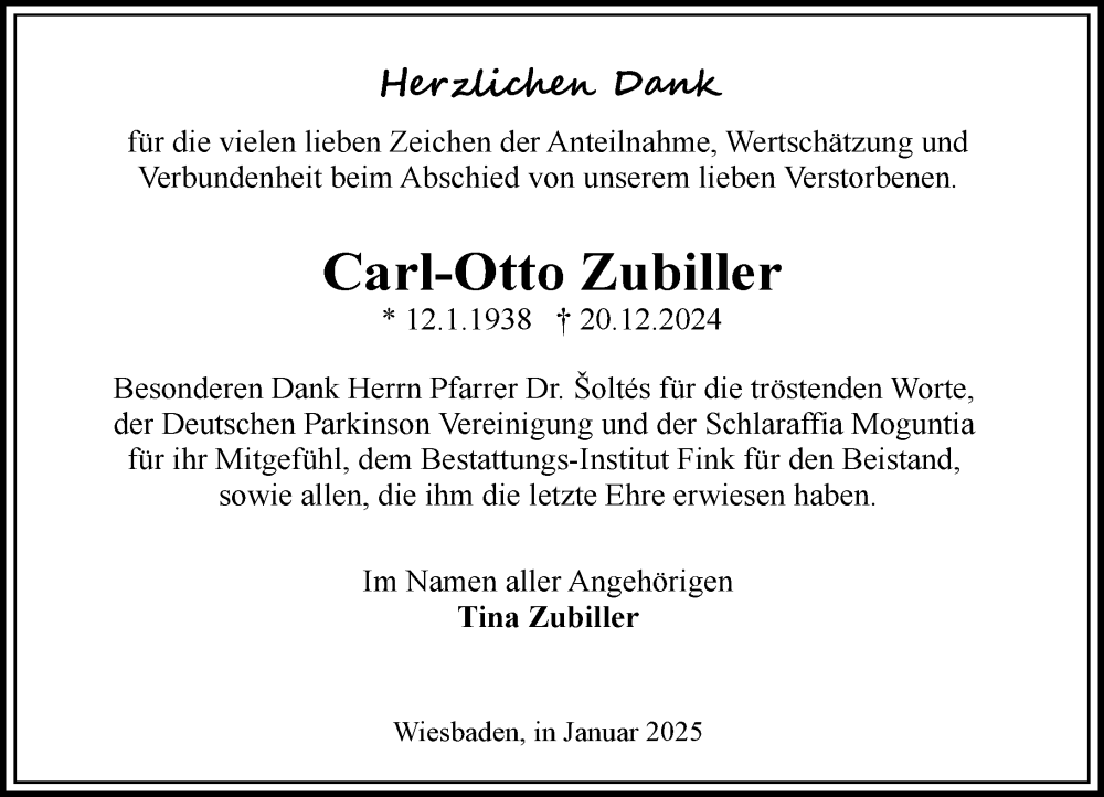  Traueranzeige für Carl-Otto Zubiller vom 01.02.2025 aus Wiesbadener Kurier