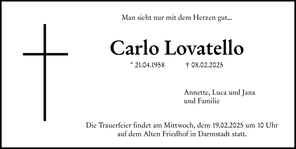 Traueranzeige für Carlo Lovatello vom 15.02.2025 aus Darmstädter Echo