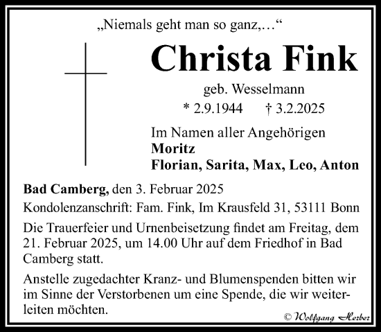 Traueranzeige von Christa Fink von Camberger Anzeiger