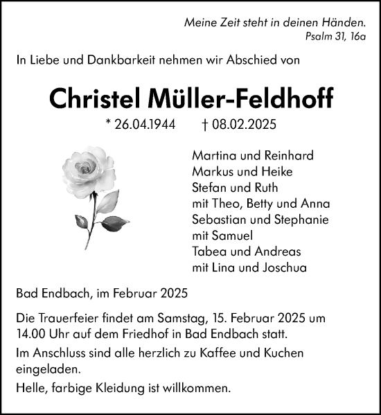 Traueranzeige von Christel Müller-Feldhoff von Hinterländer Anzeiger