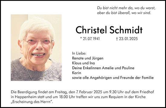 Traueranzeige von Christel Schmidt von Starkenburger Echo