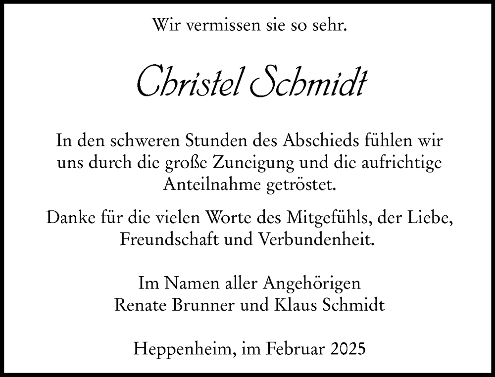  Traueranzeige für Christel Schmidt vom 15.02.2025 aus Starkenburger Echo