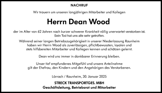 Traueranzeige von Dean Wood von Groß-Gerauer Echo
