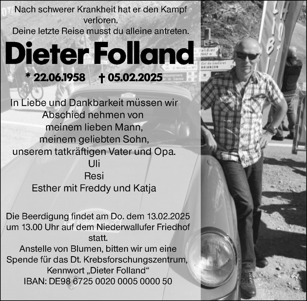  Traueranzeige für Dieter Folland vom 08.02.2025 aus Wiesbadener Kurier