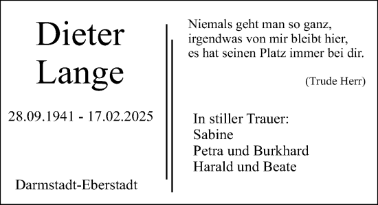 Traueranzeige von Dieter Lange von Darmstädter Echo